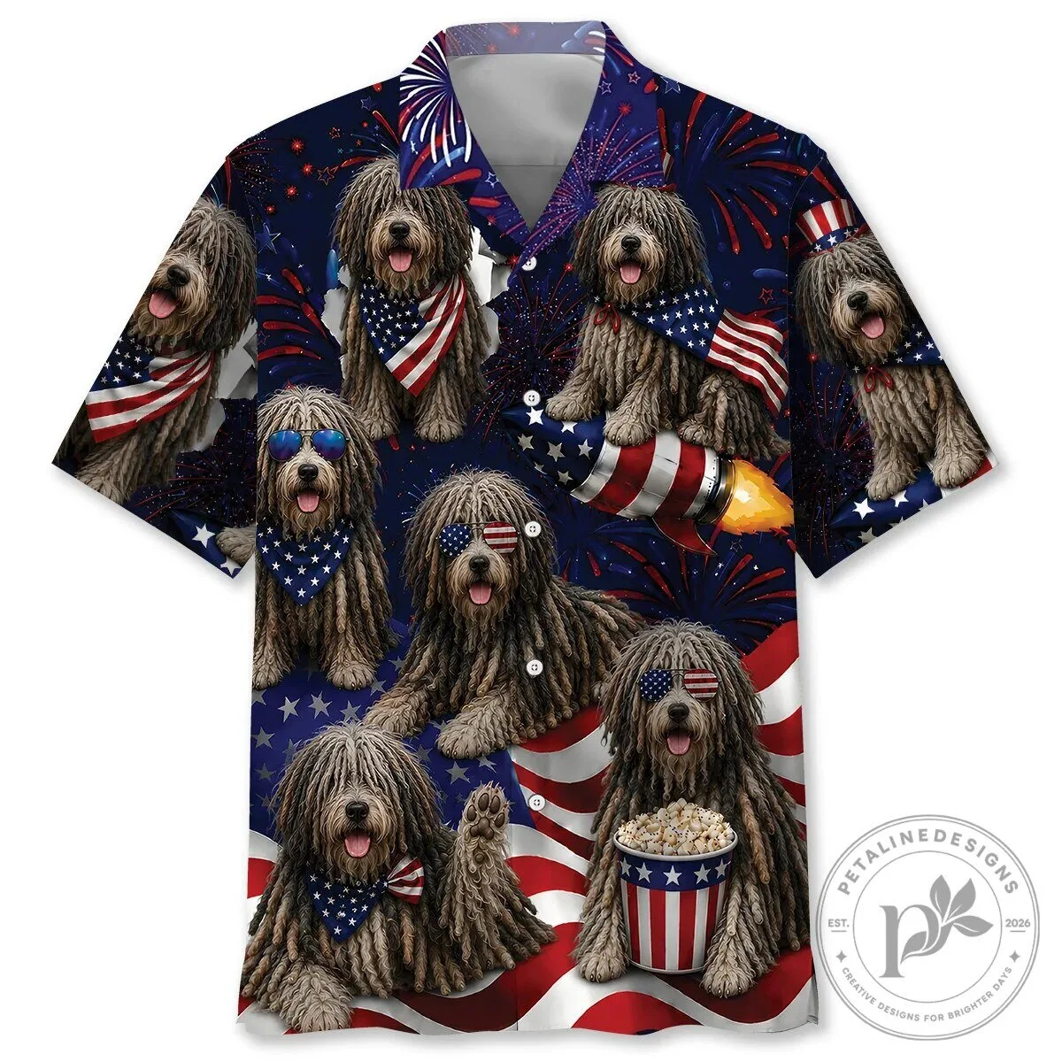 Fourth of July Bergamasco Sheepdog American Flag Hawaiian Shirt
