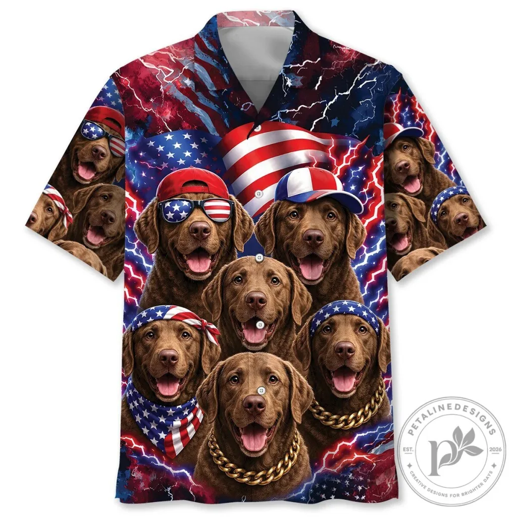 Patriotic Chesapeake Bay Retriever Dogs American Flag Hawaiian Shirt Patriotic Chesapeake Bay Retriever Dogs American Flag Hawaiian Shirt