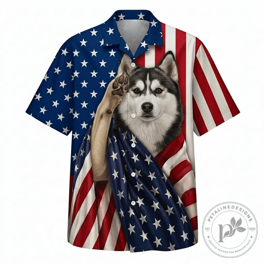 Patriotic Pomsky Dog American Flag Hawaiian Shirt for Men and Women