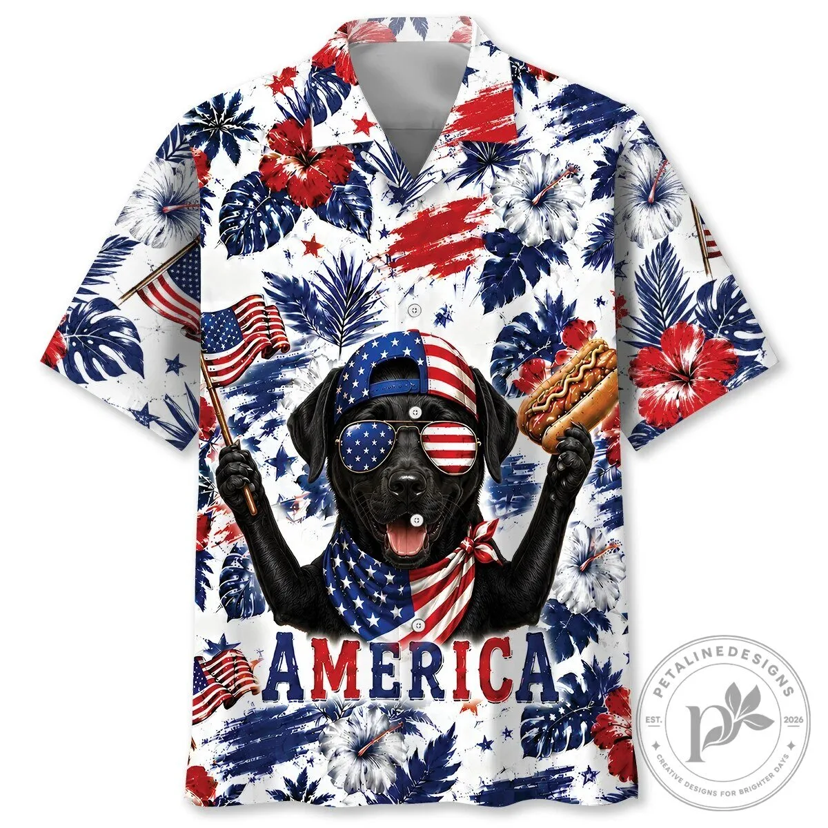 Patriotic Black Labrador Retriever American Flag Hot Dog Hawaiian Shirt