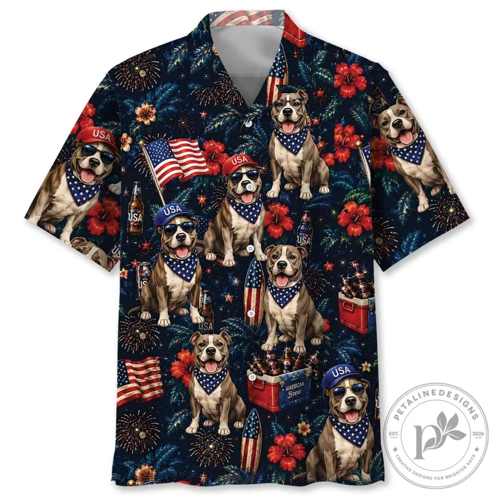 American Pit Bull Terrier Dog Patriotic Fourth of July Hawaiian Shirt American Pit Bull Terrier Dog Patriotic Fourth of July Hawaiian Shirt