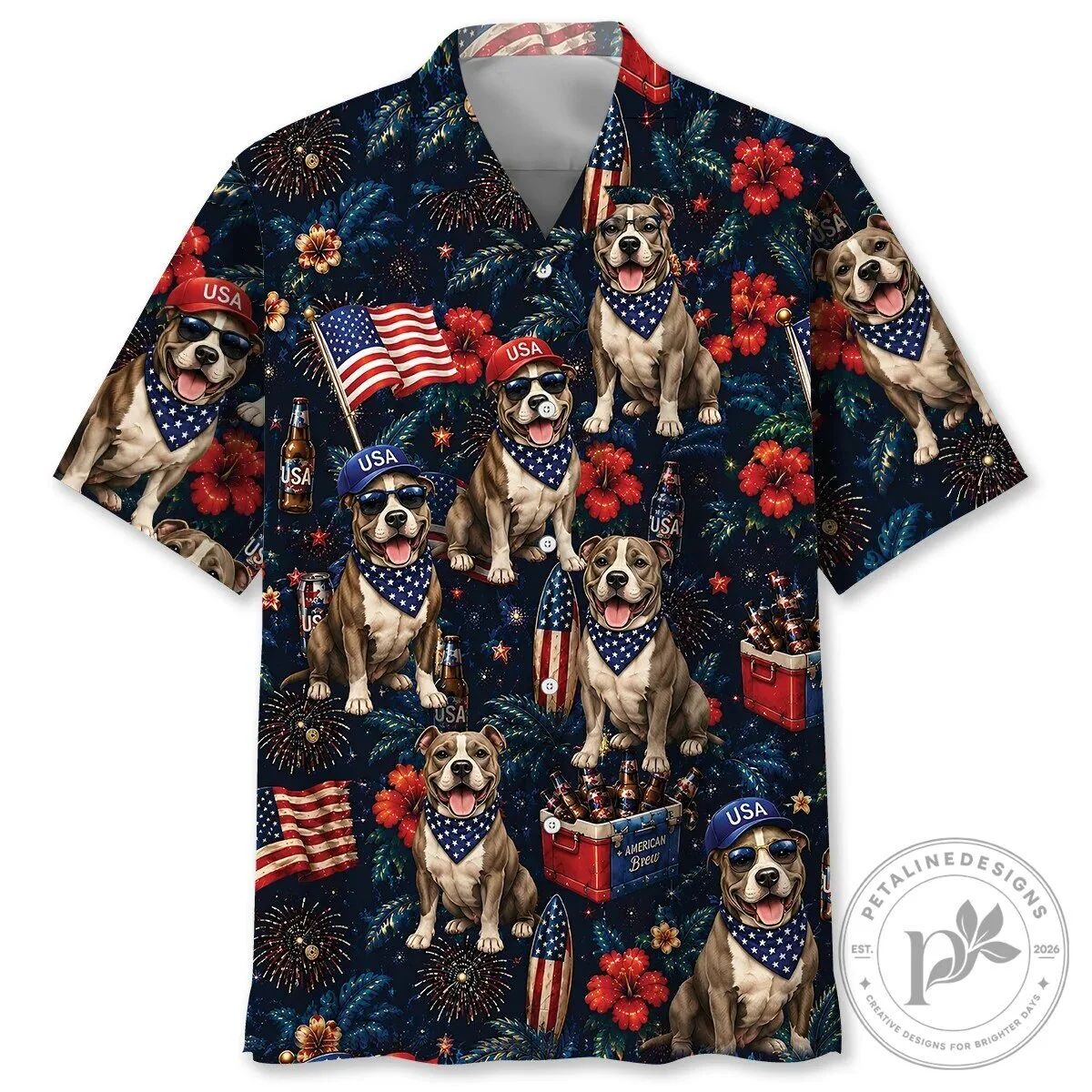 American Pit Bull Terrier Dog Patriotic Fourth of July Hawaiian Shirt