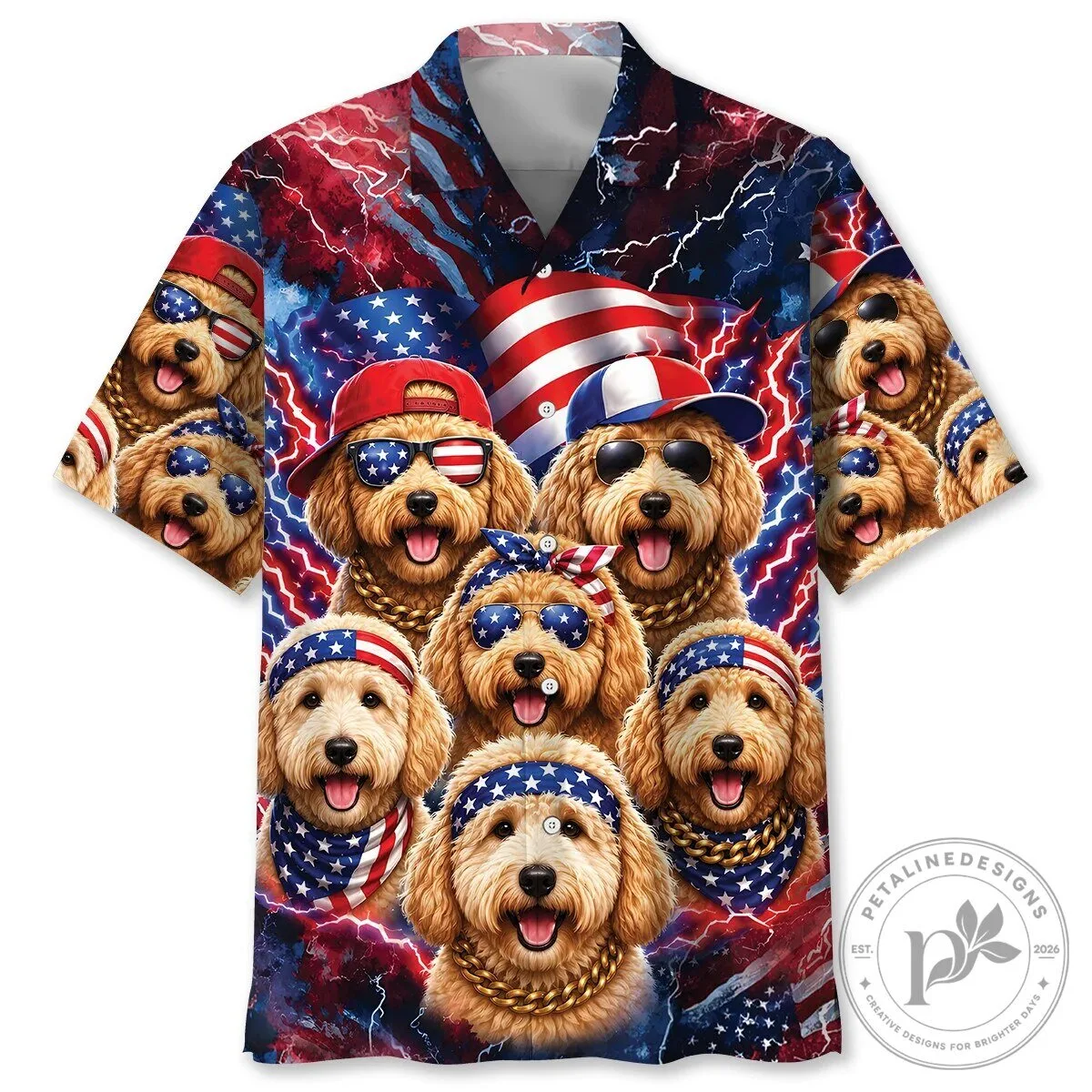 Patriotic Goldendoodle Dogs American Flag Lightning Hawaiian Shirt 5 Patriotic Goldendoodle Dogs American Flag Lightning Hawaiian Shirt