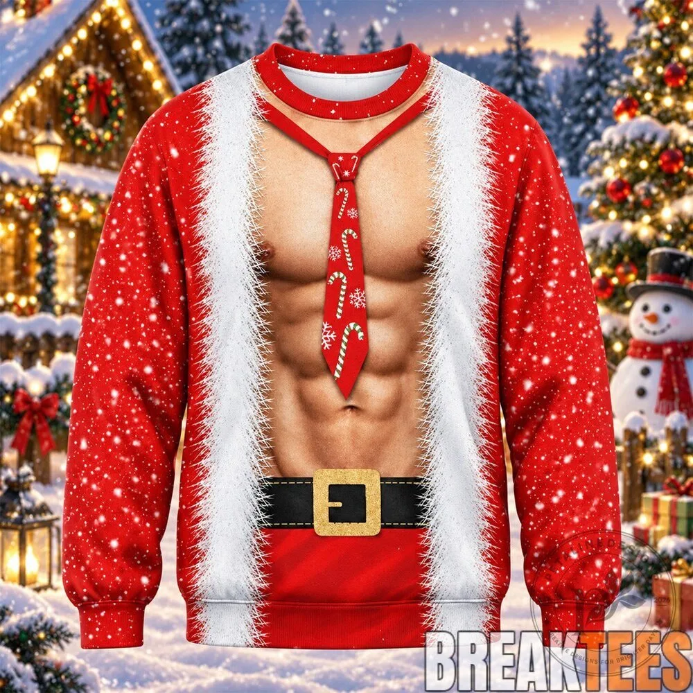Funny Santa Claus Muscle Body Christmas Holiday Ugly Sweater