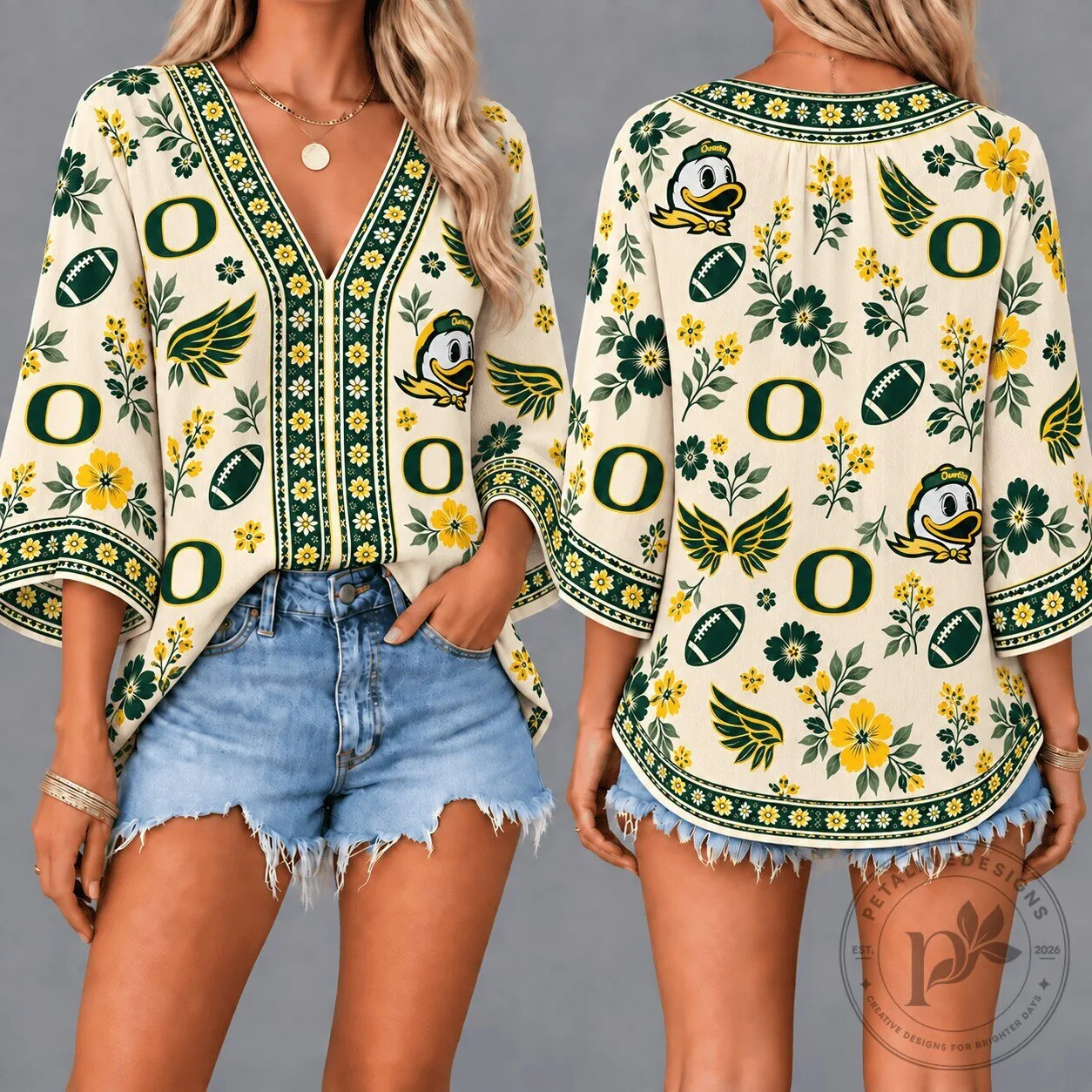 Oregon Ducks NCAA College Team Floral Boho V-Neck Blouse Women's Football Fan Top