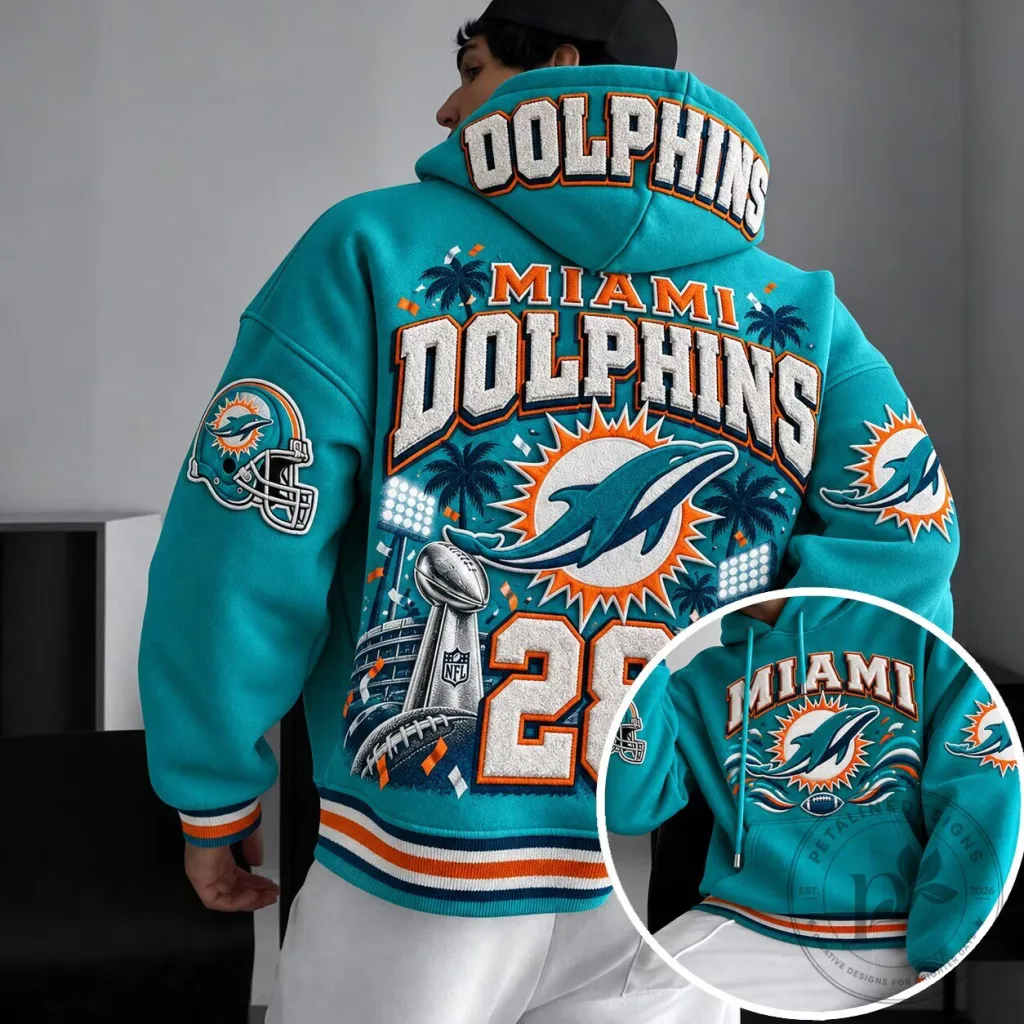 Miami Dolphins NFL Football Team Logo Aqua Blue Oversized Hoodie Miami Dolphins NFL Football Team Logo Aqua Blue Oversized Hoodie