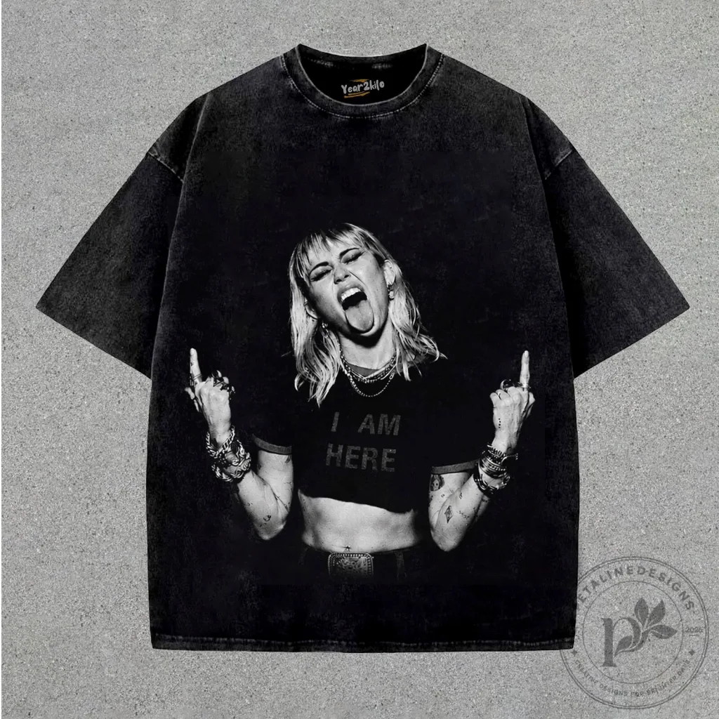 Miley Cyrus Middle Finger Vintage Washed Black Graphic T-Shirt Miley Cyrus Middle Finger Vintage Washed Black Graphic T-Shirt