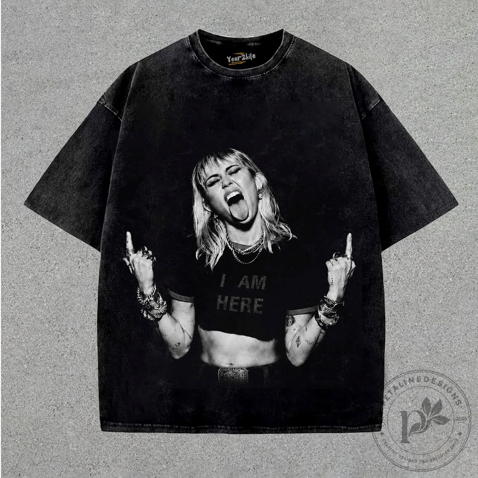Miley Cyrus Middle Finger Vintage Washed Black Graphic T-Shirt 1 Miley Cyrus Middle Finger Vintage Washed Black Graphic T-Shirt