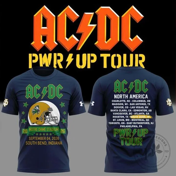 2026 Concert T-Shirt featuring AC/DC Power Up Tour and Notre Dame Football