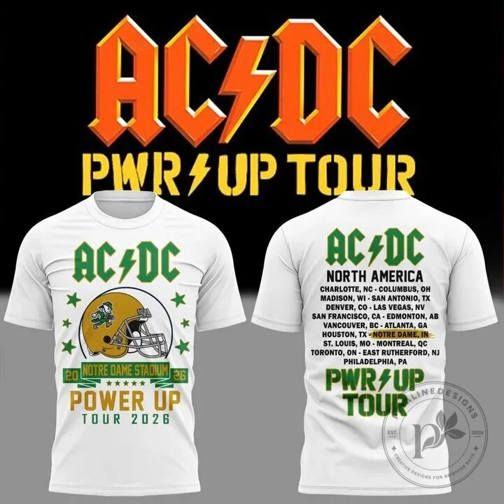 2026 Concert T-Shirt for AC/DC's Power Up Tour Featuring Notre Dame Football