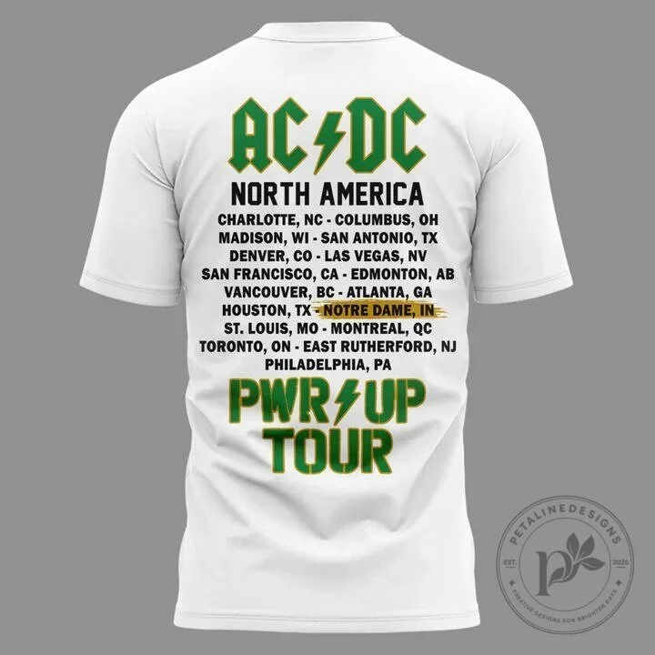 2026 Concert T-Shirt for AC/DC's Power Up Tour Featuring Notre Dame Football 9 2026 Concert T-Shirt for AC/DC