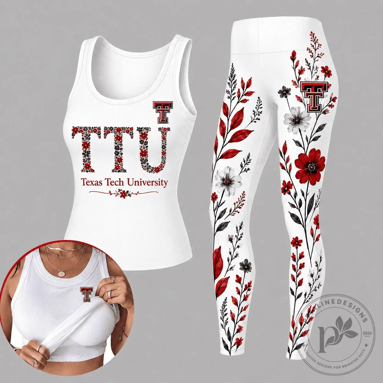Texas Tech University Red Raiders Floral Pattern Tank Top and Leggings Set 1 Texas Tech University Red Raiders Floral Pattern Tank Top and Leggings Set