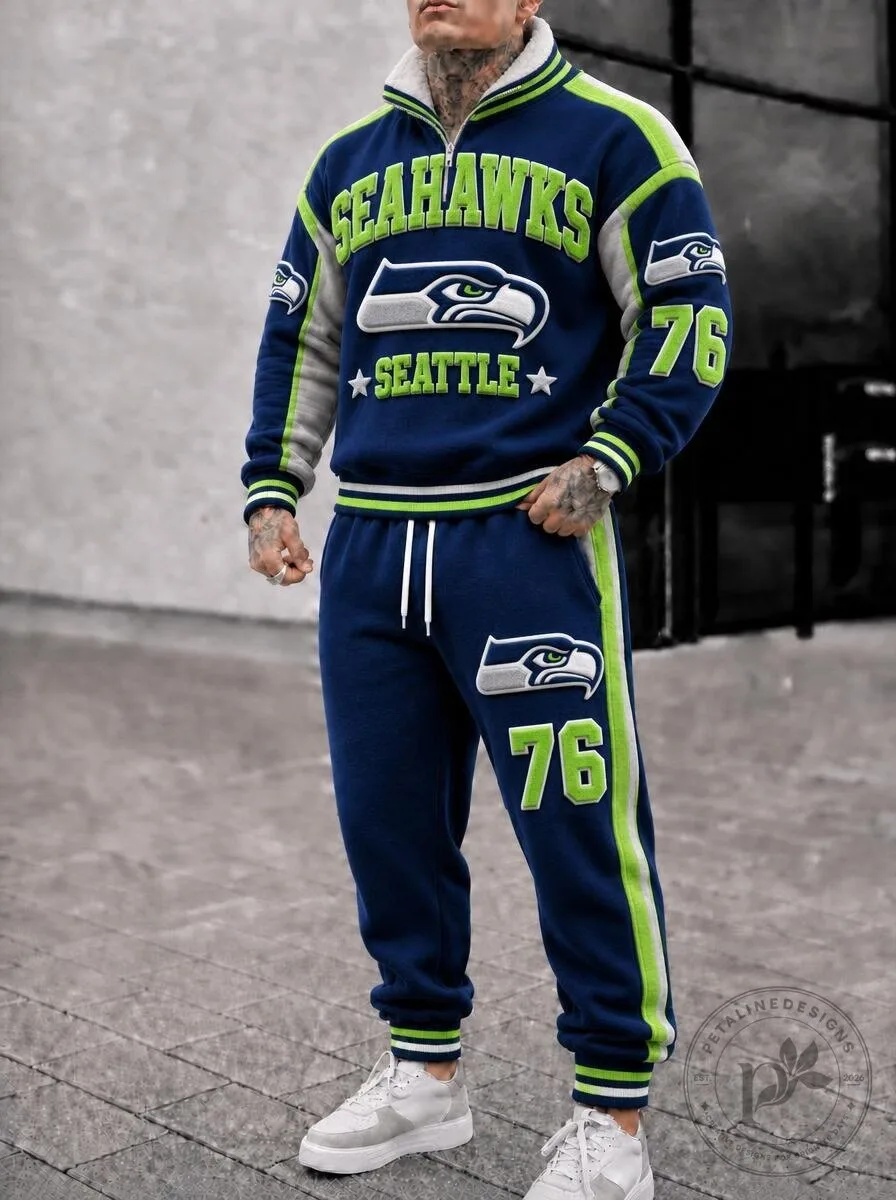 Seattle Seahawks Blue Fleece Stand Collar Sweatshirt and Sweatpants Set