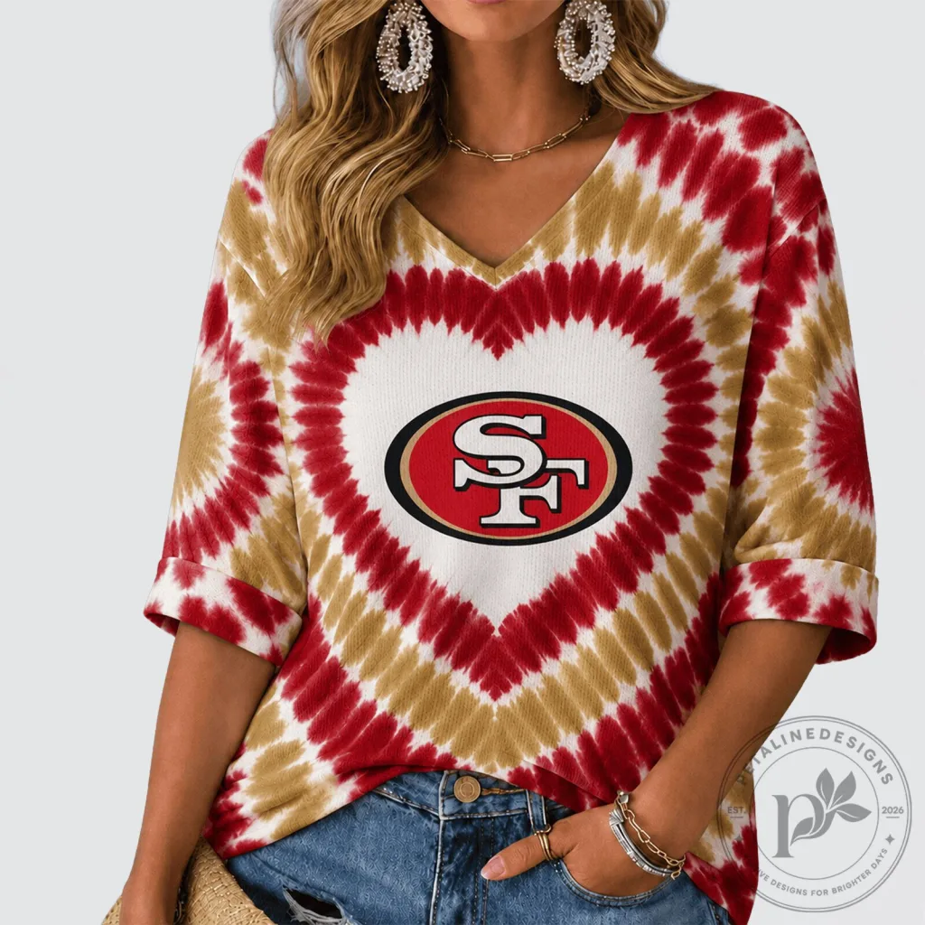San Francisco 49ers Heart Tie Dye V-Neck Long Sleeve T-Shirt San Francisco 49ers Heart Tie Dye V-Neck Long Sleeve T-Shirt