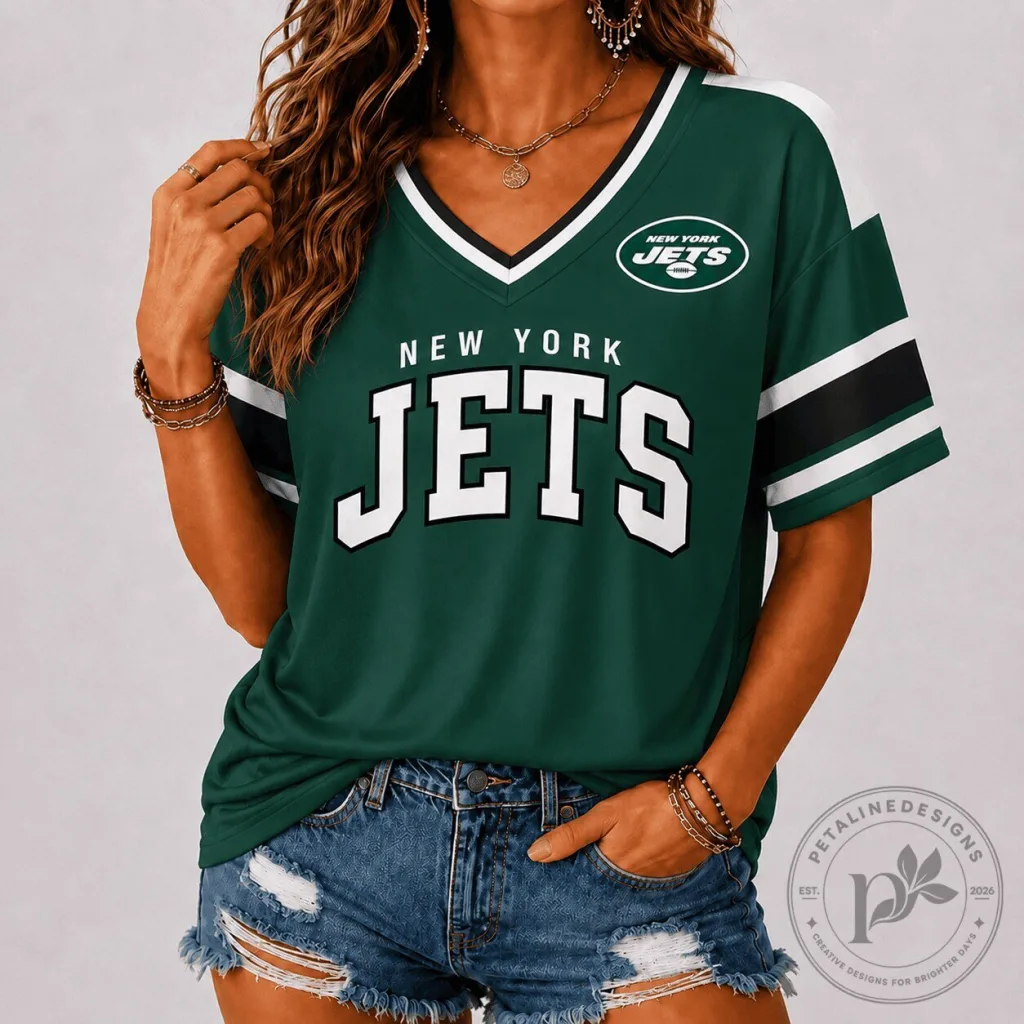 New York Jets NFL Football Team Green and White V-Neck Game Day Jersey New York Jets NFL Football Team Green and White V-Neck Game Day Jersey