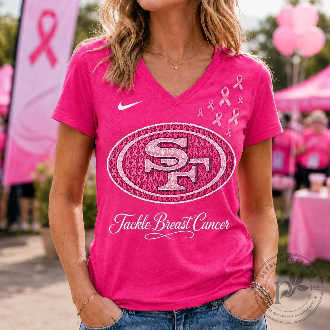 San Francisco 49ers NFL Tackle Breast Cancer Pink Ribbon Women's V-Neck T-Shirt