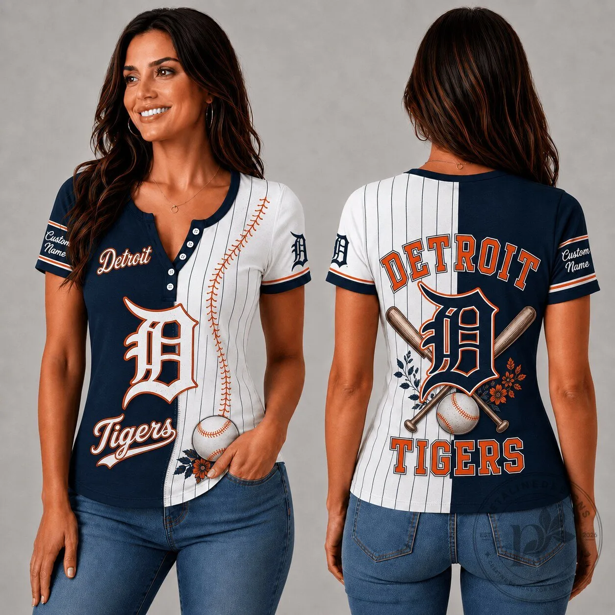 Detroit Tigers Baseball Fan V-Neck Button Up Shirt for Women
