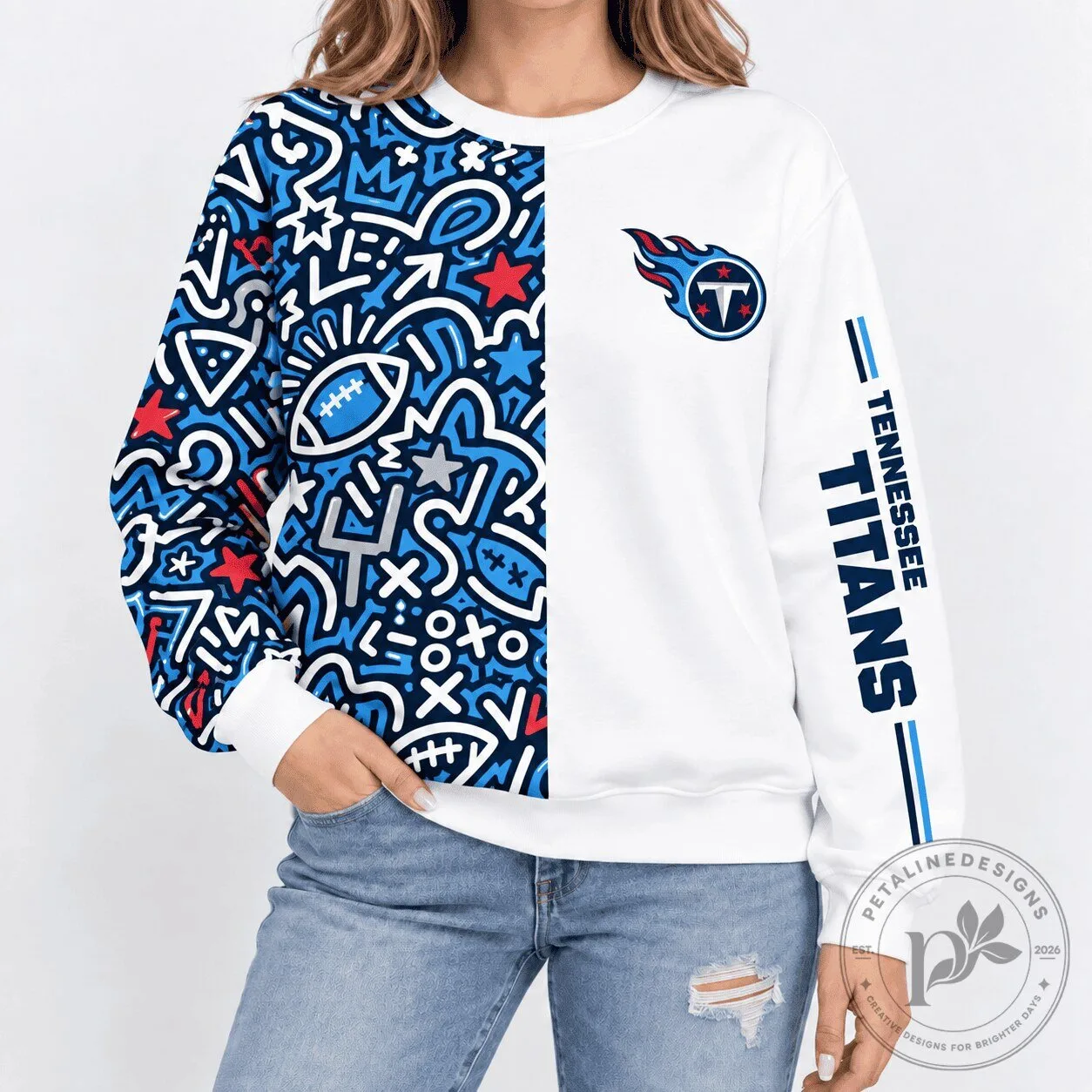 Tennessee Titans NFL Football Team Doodle Pattern White Crewneck Sweatshirt