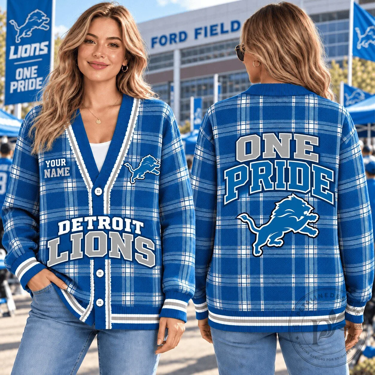 Detroit Lions Fan Custom Name Plaid Cardigan Sweater