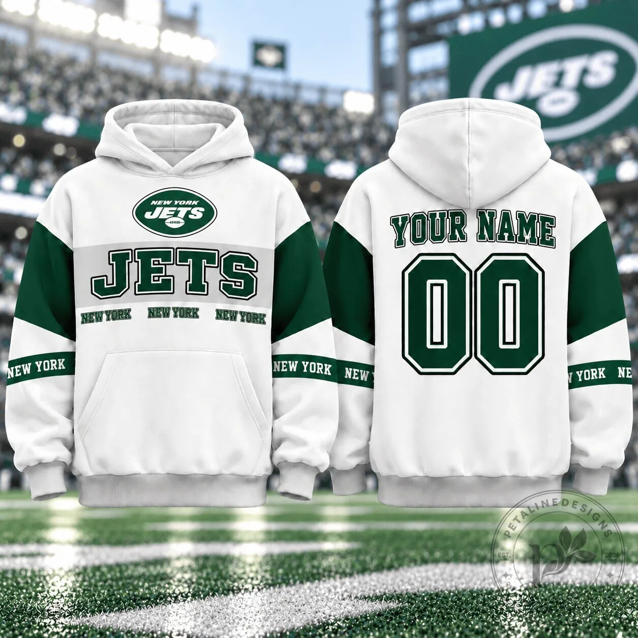 New York Jets Personalized Football Team White and Green Fan Hoodie