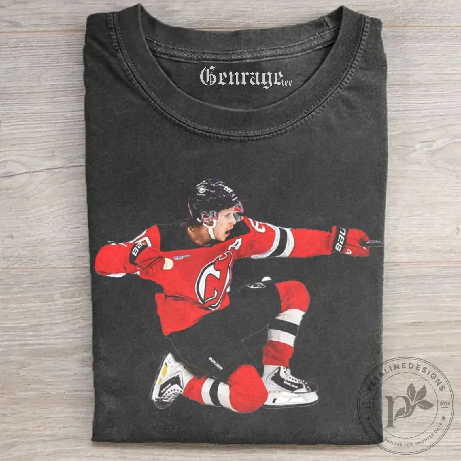 New Jersey Devils Graphic T-Shirt with Jack Hughes Hockey Player Design