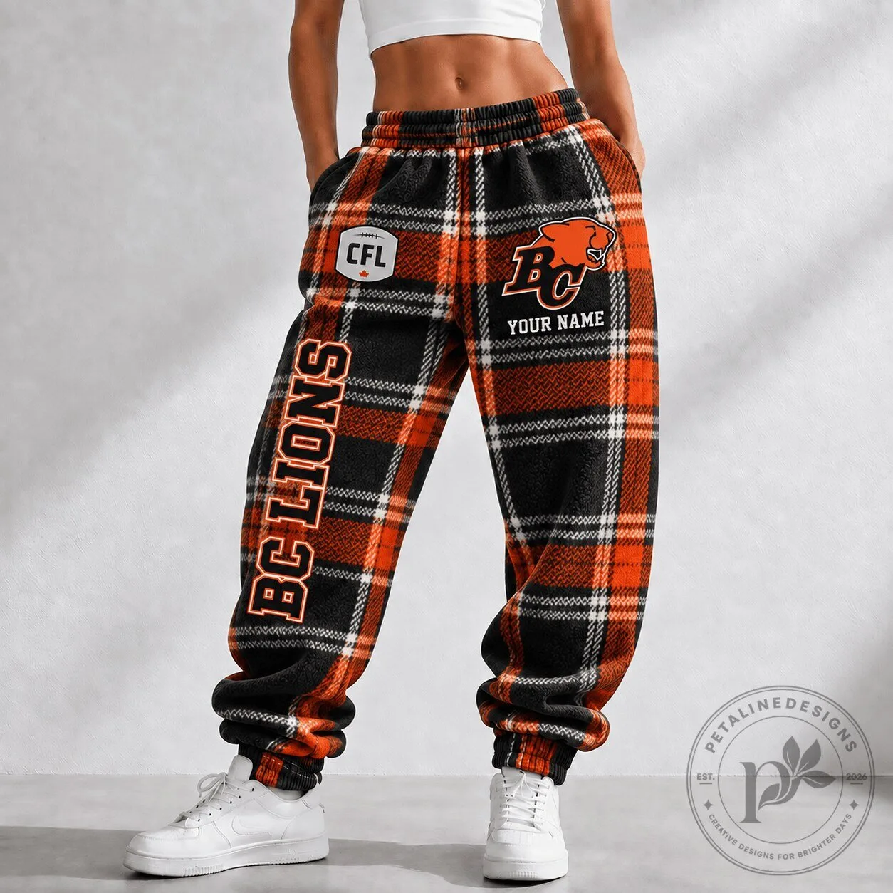 BC Lions CFL Plaid Custom Name Fleece Jogger Pants