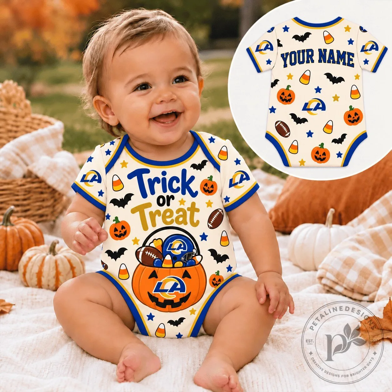 Los Angeles Rams Personalized Halloween Trick or Treat Baby Romper