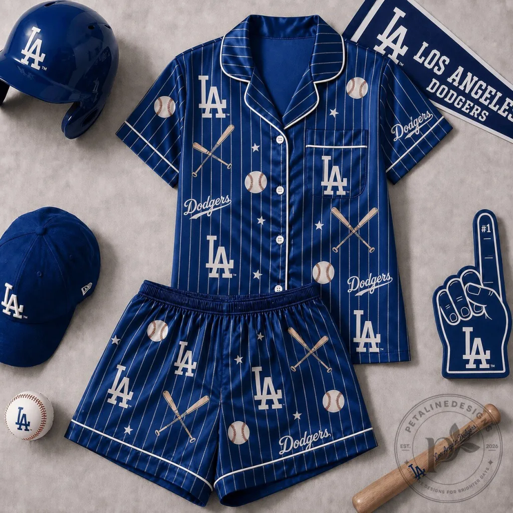 Los Angeles Dodgers Baseball Pattern Blue Satin Pajamas Set for Women Los Angeles Dodgers Baseball Pattern Blue Satin Pajamas Set for Women