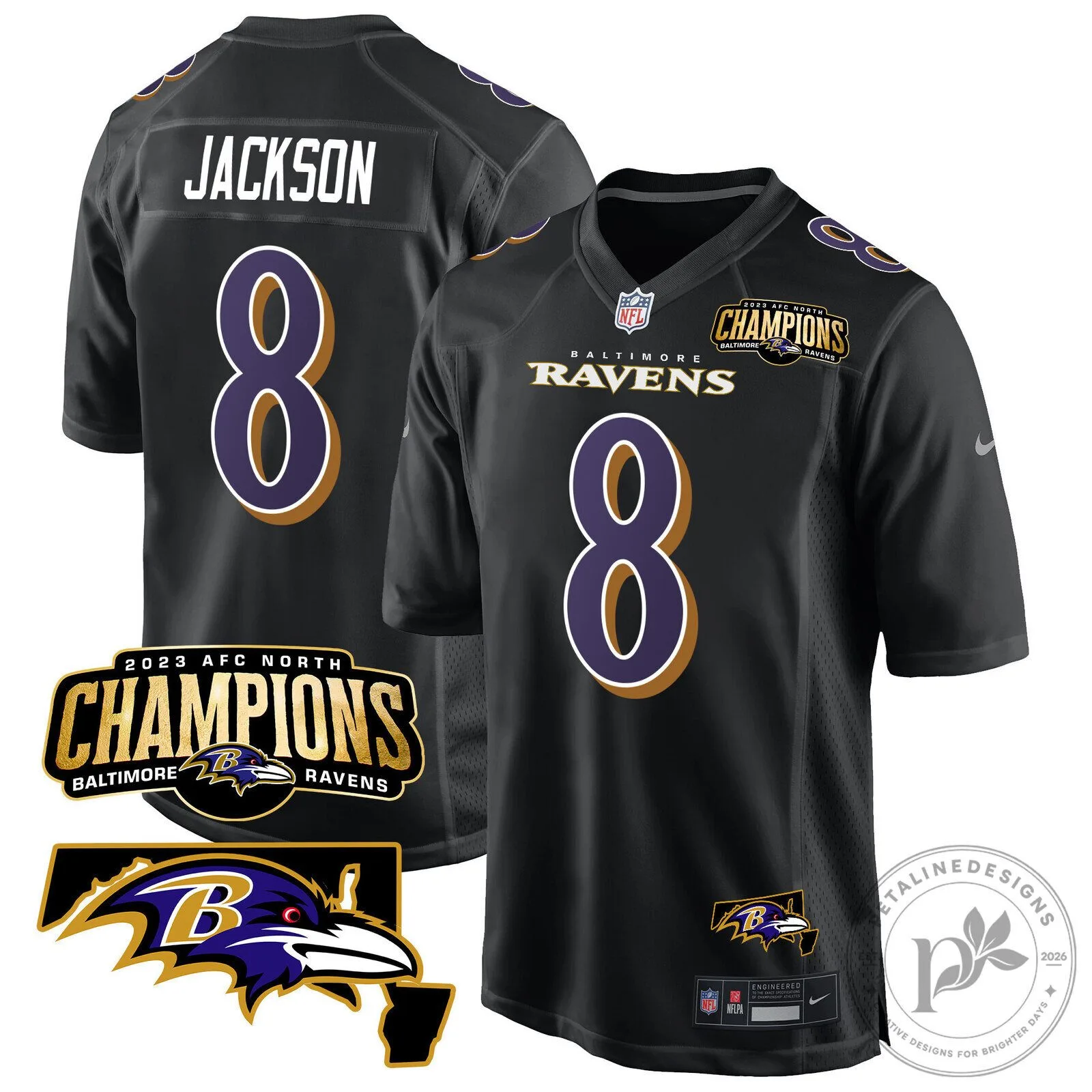 2023 AFC North Champions Baltimore Ravens Lamar Jackson Football Jersey 5 2023 AFC North Champions Baltimore Ravens Lamar Jackson Football Jersey