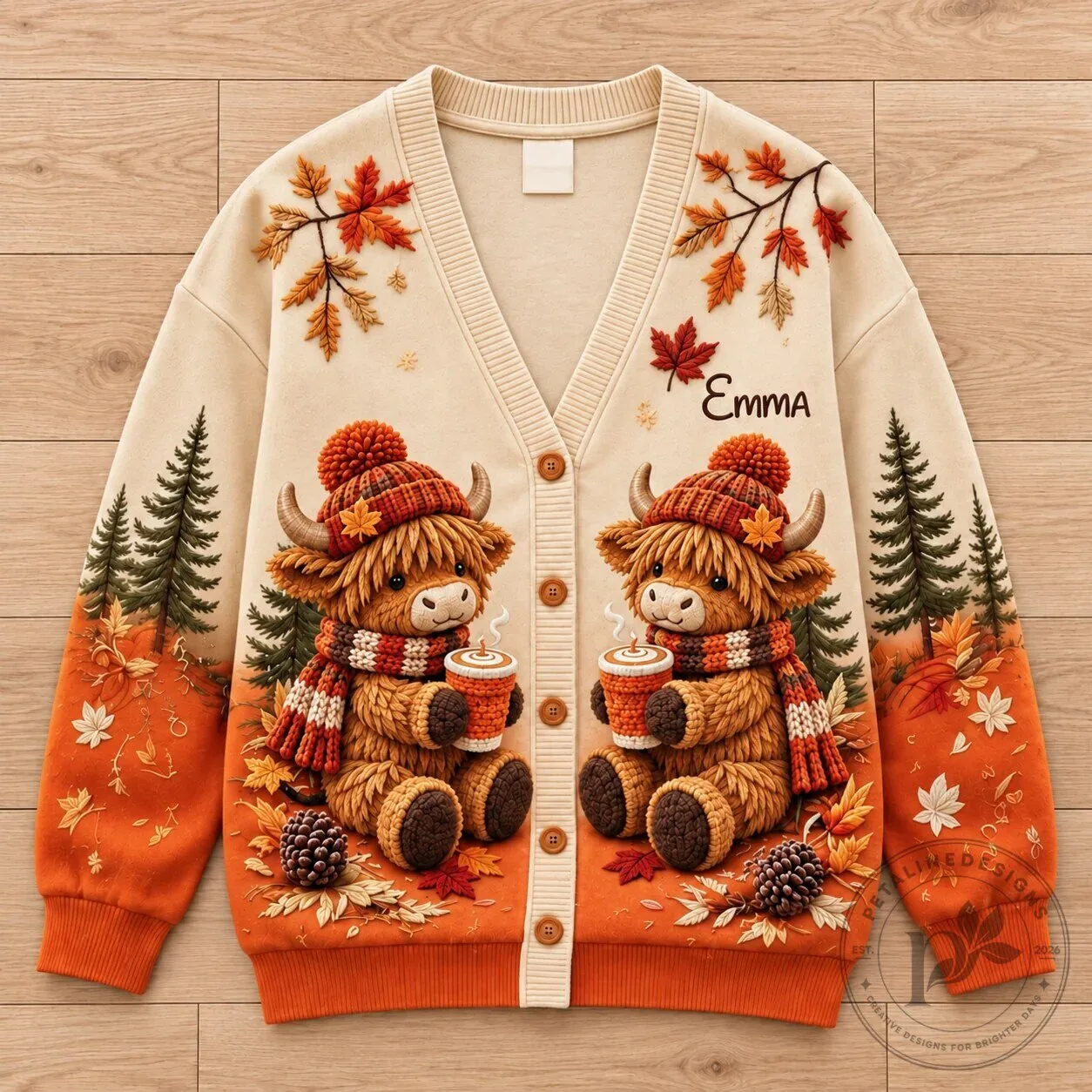 Highland Cow Fall Leaves Personalized Cardigan Sweater