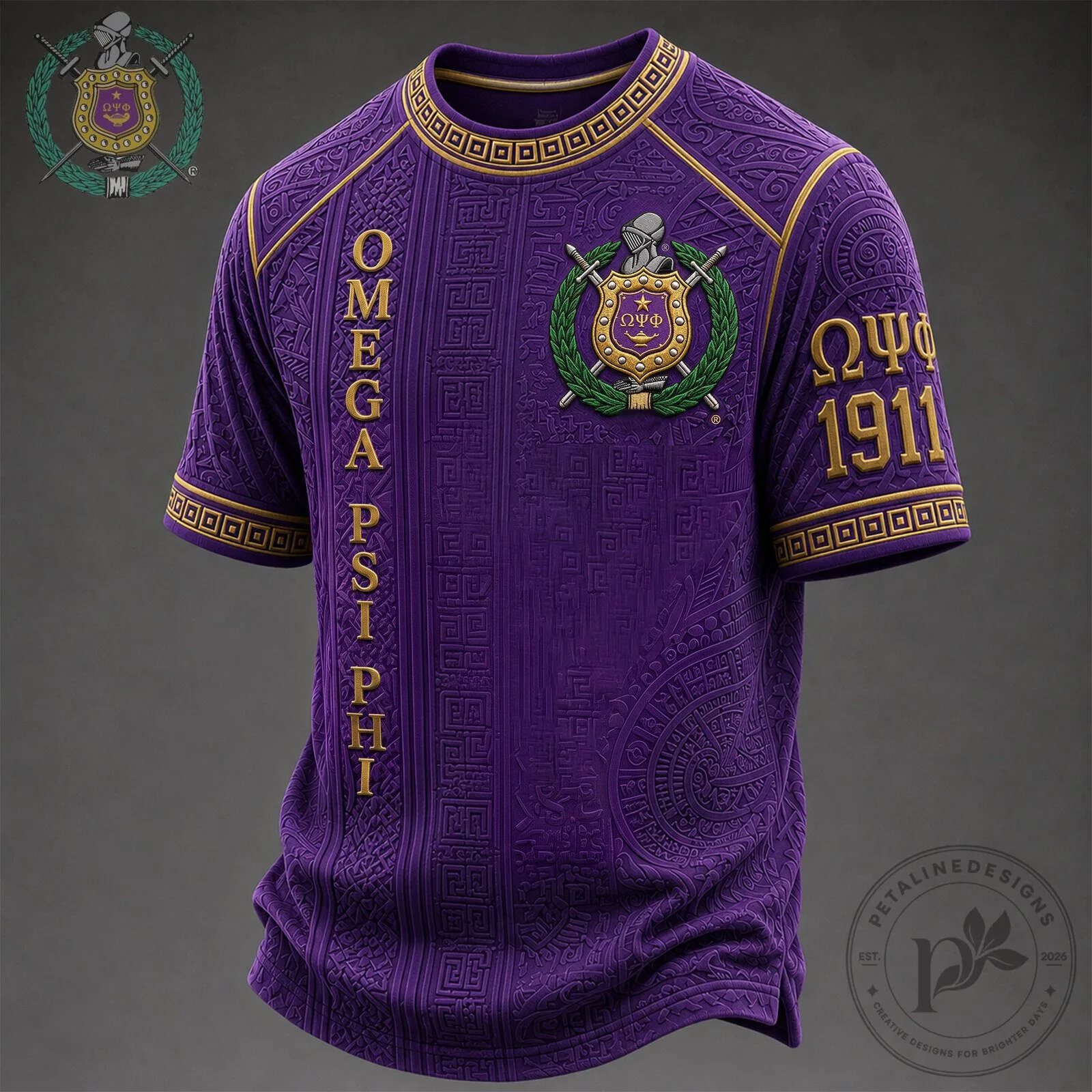 Omega Psi Phi Fraternity Purple Greek Key Pattern Short Sleeve T-Shirt