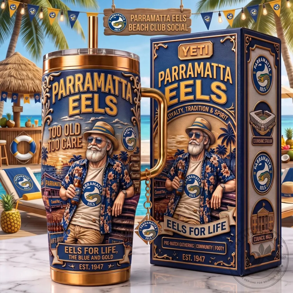 Parramatta Eels Too Old To Care Beach Club Social Tumbler with Handle Parramatta Eels Too Old To Care Beach Club Social Tumbler with Handle