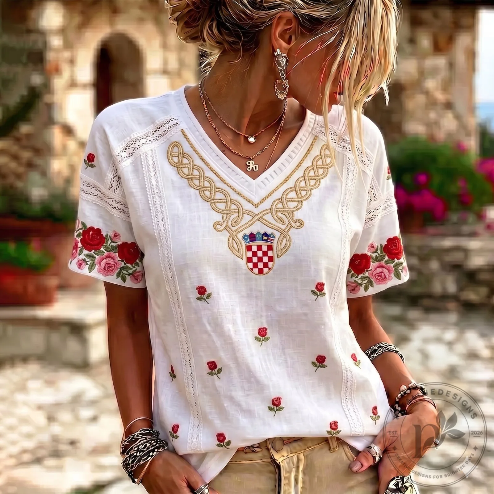 Croatia Embroidered Rose Floral V-Neck T-Shirt 5 Croatia Embroidered Rose Floral V-Neck T-Shirt