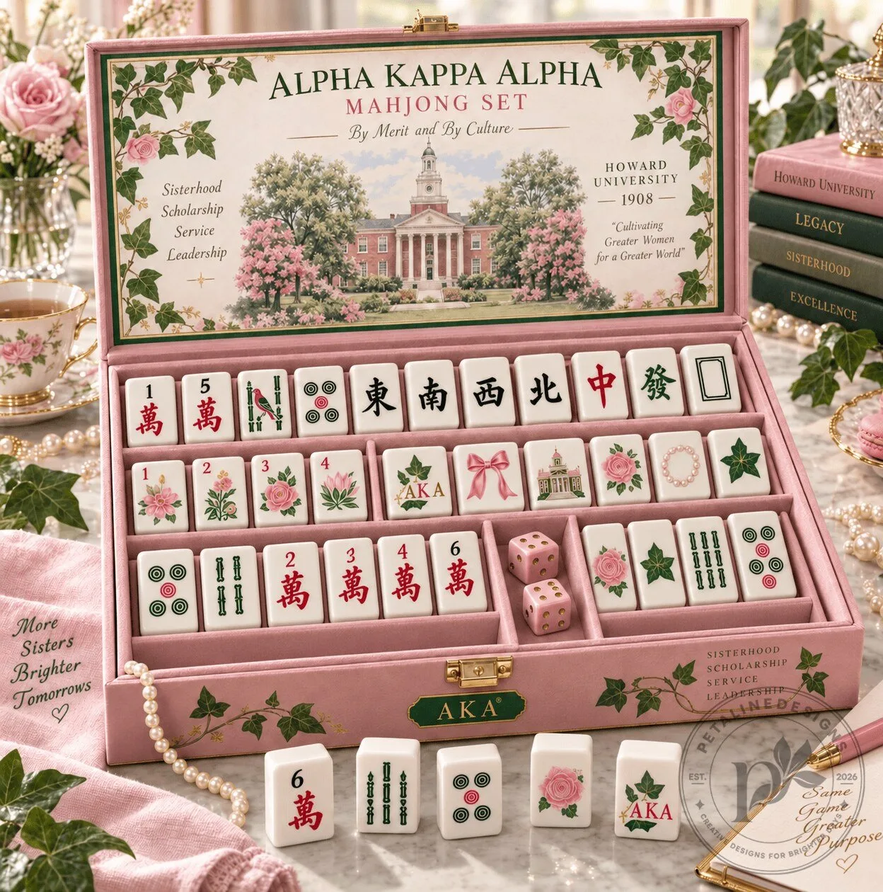 Alpha Kappa Alpha Sorority Mahjong Set with Pink Carrying Case