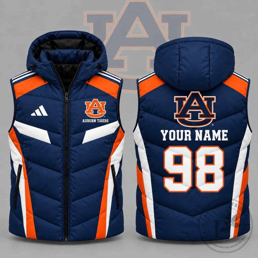 Auburn Tigers NCAA Personalized Team Spirit Hooded Puffer Vest Auburn Tigers NCAA Personalized Team Spirit Hooded Puffer Vest