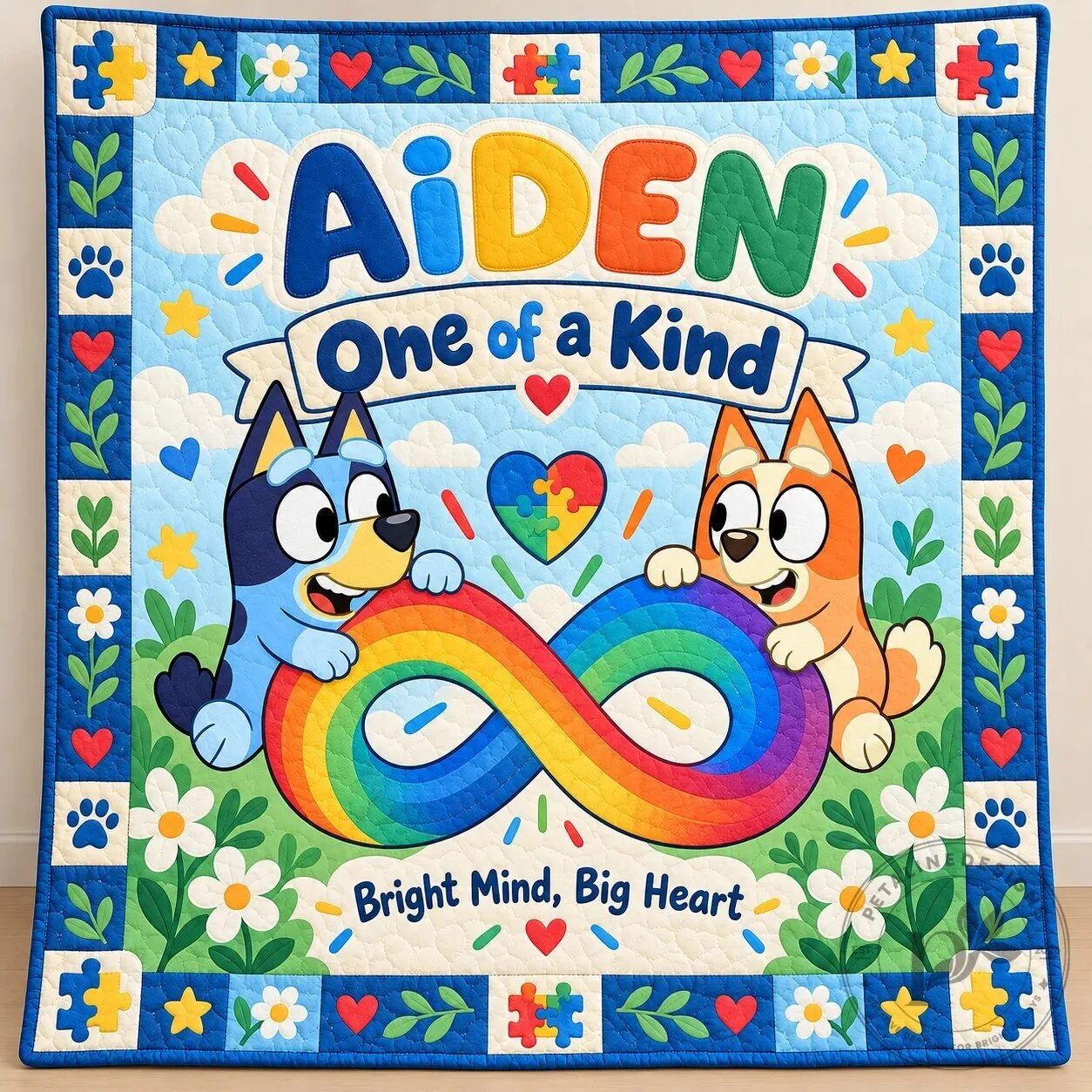 Bluey Autism Awareness Personalized Quilt Blanket for Kids with Special Needs
