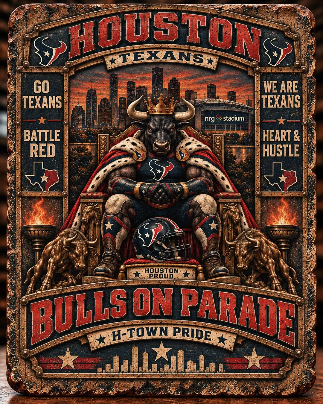 Houston Texans Bulls On Parade Football Team Wooden Wall Art Plaque 2 Houston Texans Bulls On Parade Football Team Wooden Wall Art Plaque