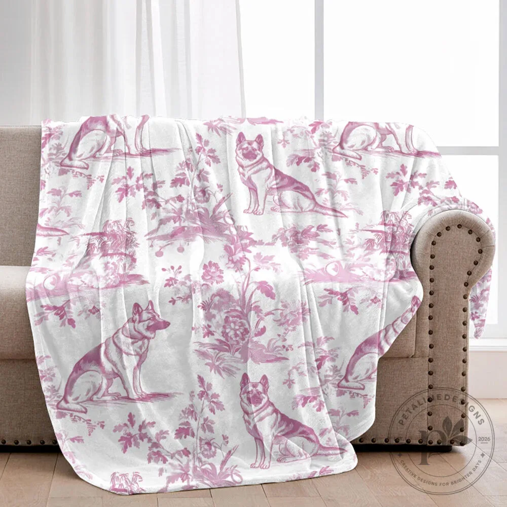 German Shepherd Toile de Jouy Pattern Pink and White Fleece Blanket