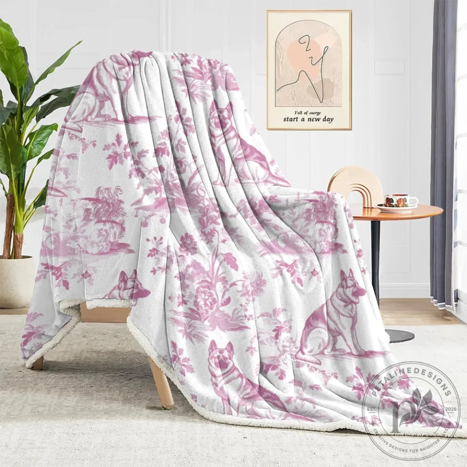 German Shepherd Toile de Jouy Pattern Pink and White Fleece Blanket 17 German Shepherd Toile de Jouy Pattern Pink and White Fleece Blanket
