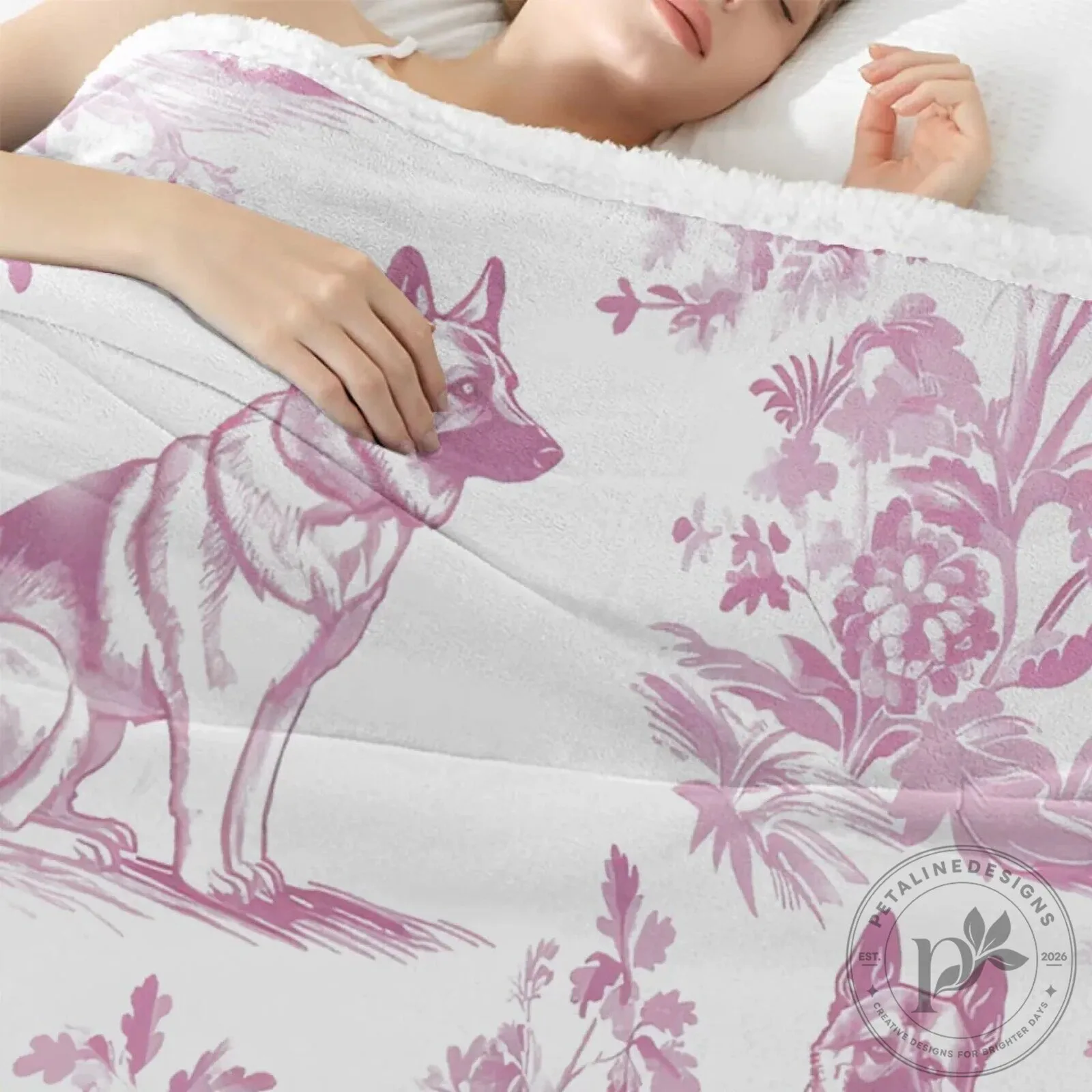 German Shepherd Toile de Jouy Pattern Pink and White Fleece Blanket 18 German Shepherd Toile de Jouy Pattern Pink and White Fleece Blanket