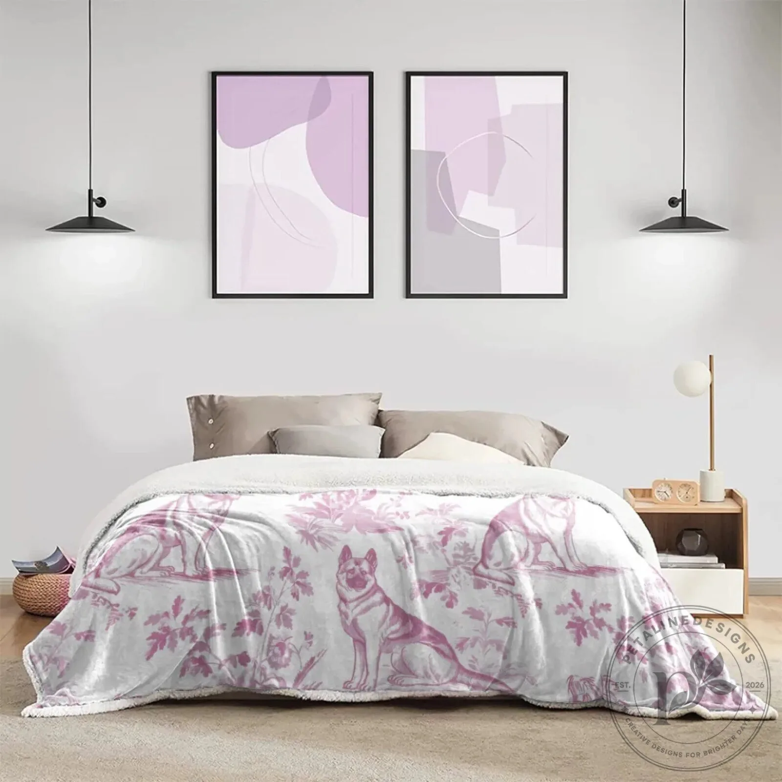 German Shepherd Toile de Jouy Pattern Pink and White Fleece Blanket 19 German Shepherd Toile de Jouy Pattern Pink and White Fleece Blanket
