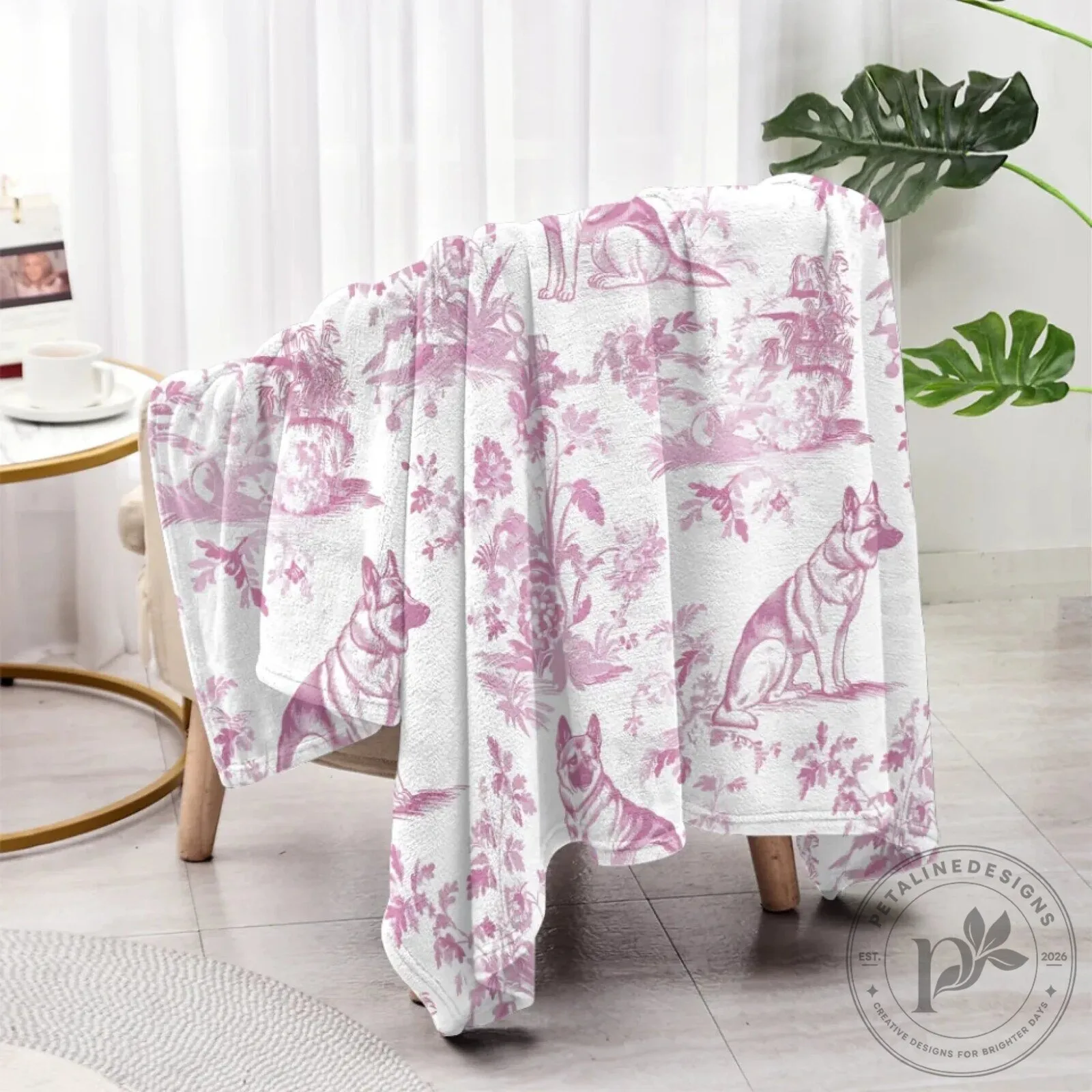 German Shepherd Toile de Jouy Pattern Pink and White Fleece Blanket 23 German Shepherd Toile de Jouy Pattern Pink and White Fleece Blanket