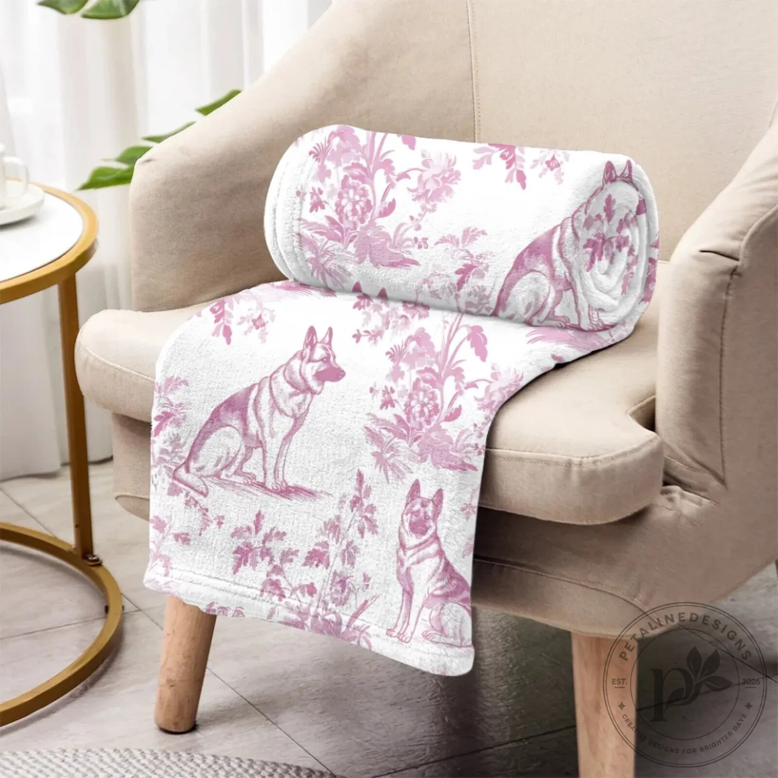 German Shepherd Toile de Jouy Pattern Pink and White Fleece Blanket 24 German Shepherd Toile de Jouy Pattern Pink and White Fleece Blanket