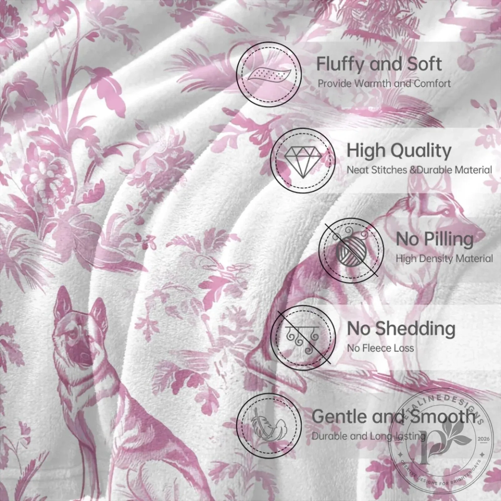 German Shepherd Toile de Jouy Pattern Pink and White Fleece Blanket 26 German Shepherd Toile de Jouy Pattern Pink and White Fleece Blanket