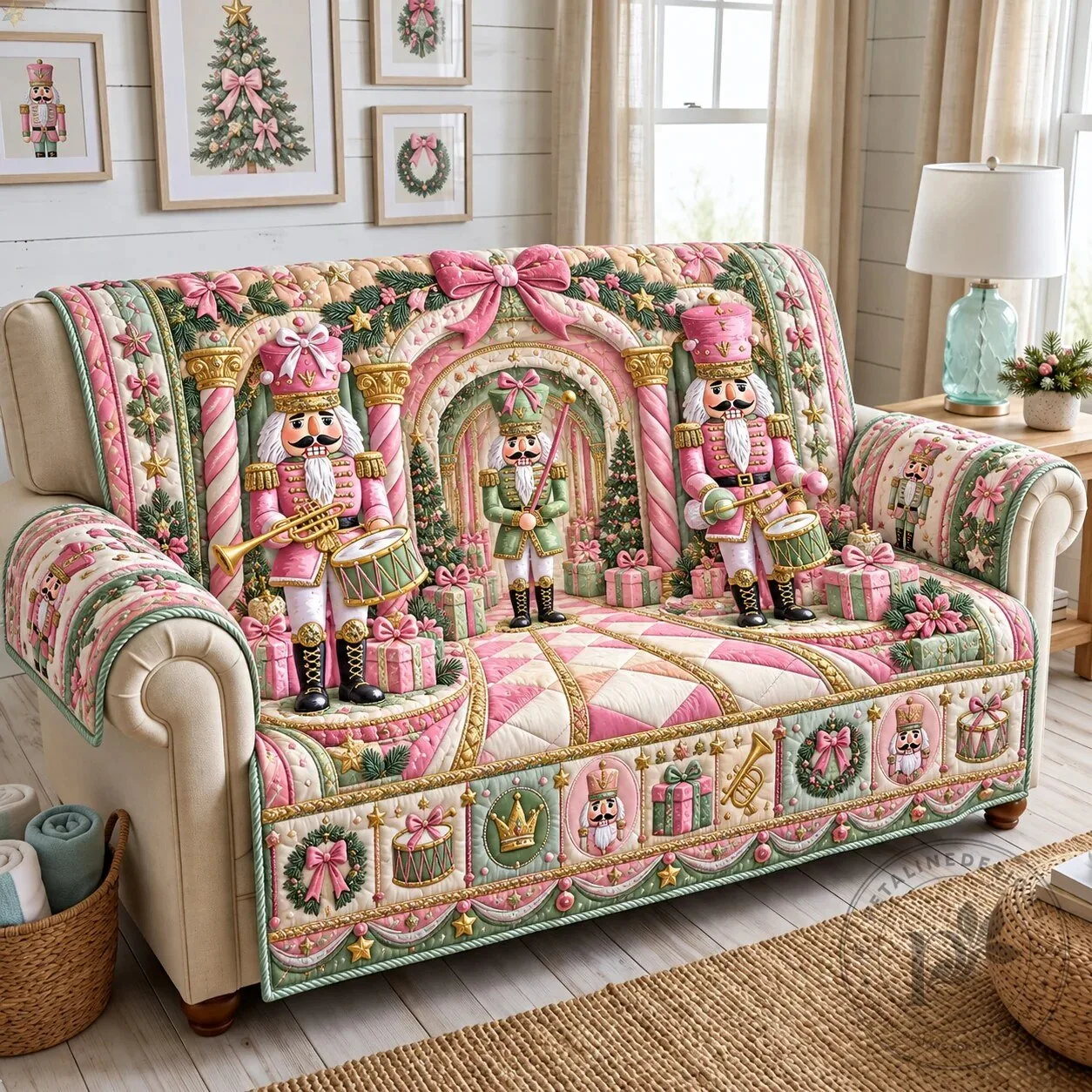 Pink Nutcracker Palace Christmas Quilted Sofa Cover for Holiday Decor