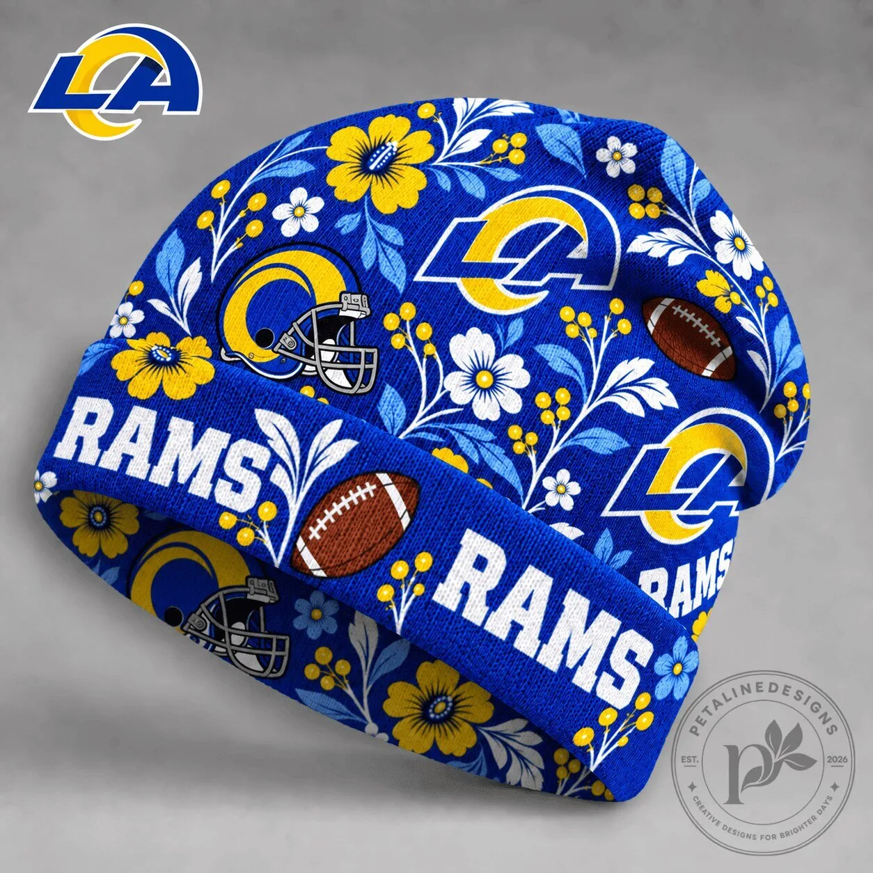 Los Angeles Rams Football Team Floral Pattern Blue Beanie Cap Hat 4 Los Angeles Rams Football Team Floral Pattern Blue Beanie Cap Hat