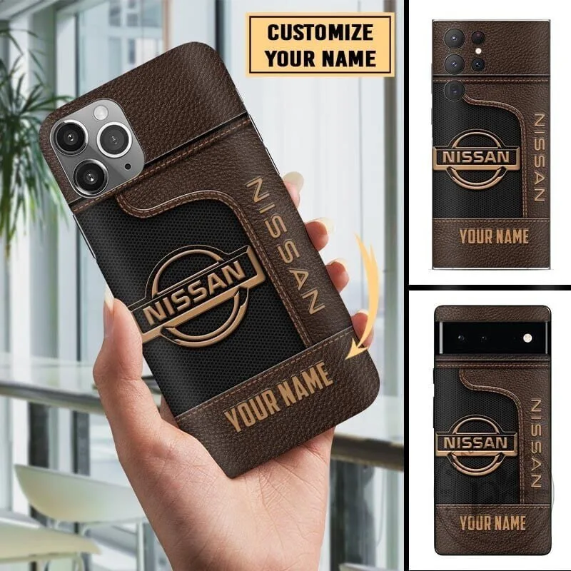 Nissan Car Logo Custom Name Brown Leather Texture Phone Case 2 Nissan Car Logo Custom Name Brown Leather Texture Phone Case