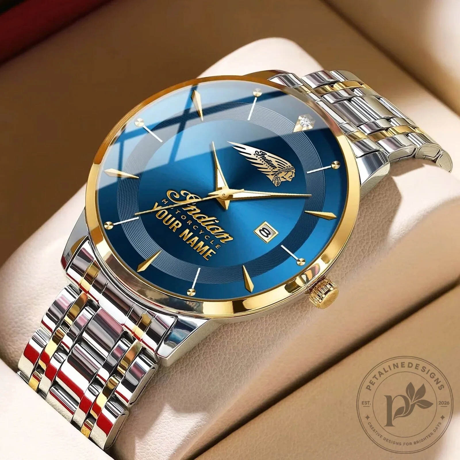 Indian Motorcycle Custom Name Blue Dial Two-Tone Stainless Steel Watch 9 Indian Motorcycle Custom Name Blue Dial Two-Tone Stainless Steel Watch
