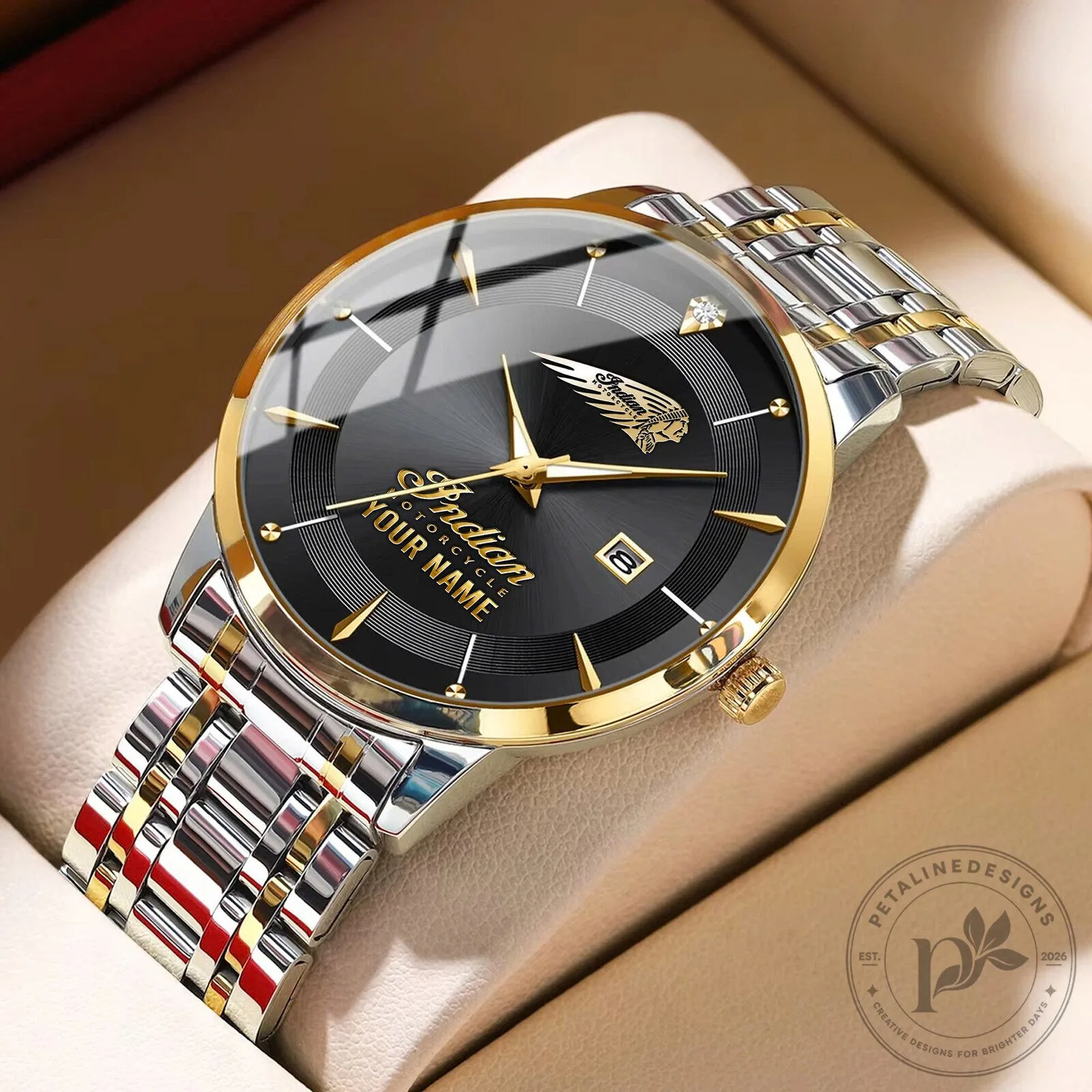 Indian Motorcycle Custom Name Blue Dial Two-Tone Stainless Steel Watch 13 Indian Motorcycle Custom Name Blue Dial Two-Tone Stainless Steel Watch