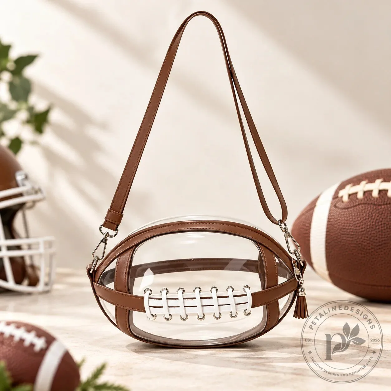 Football Shaped Clear Stadium Approved Crossbody Bag with Tassel 18 Football Shaped Clear Stadium Approved Crossbody Bag with Tassel